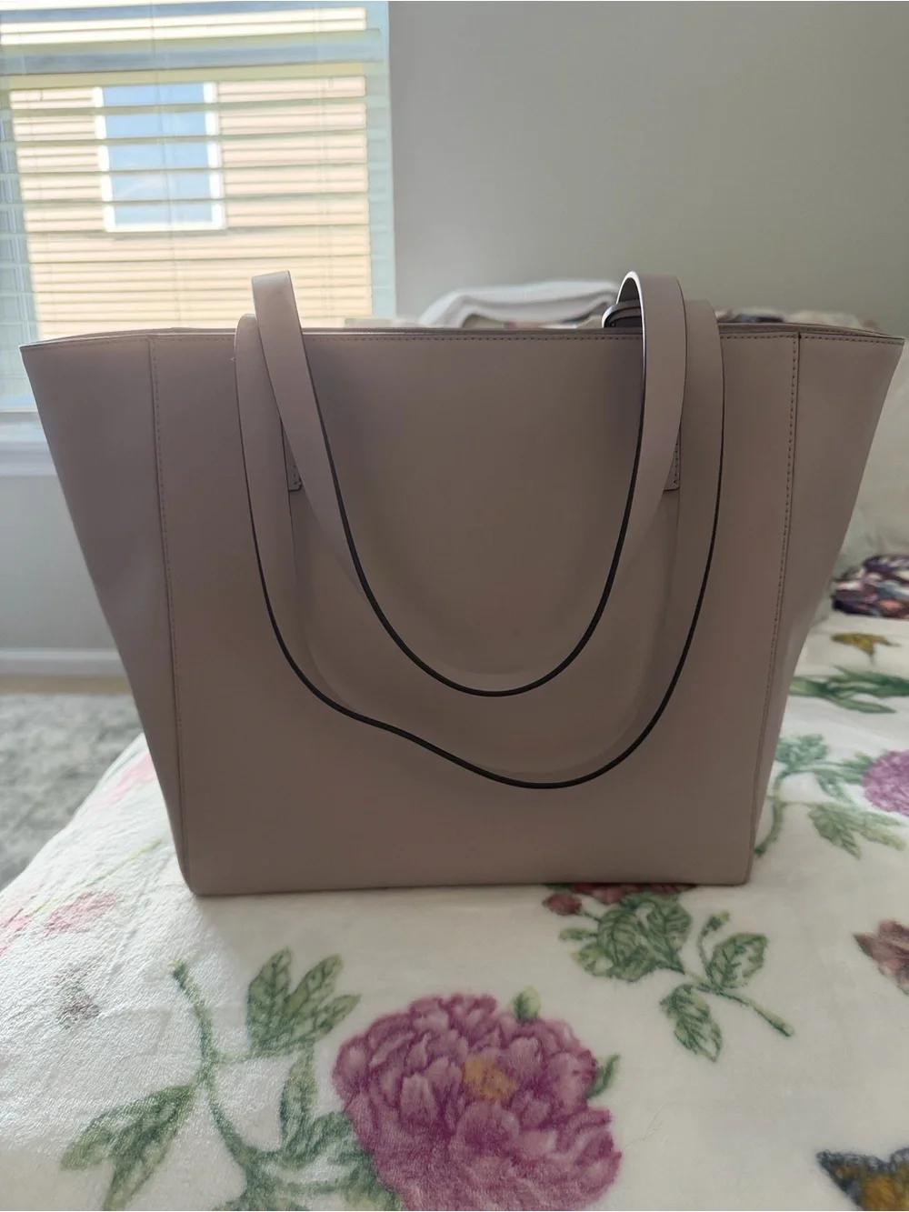 kate spade taupe leather tote with floral charm